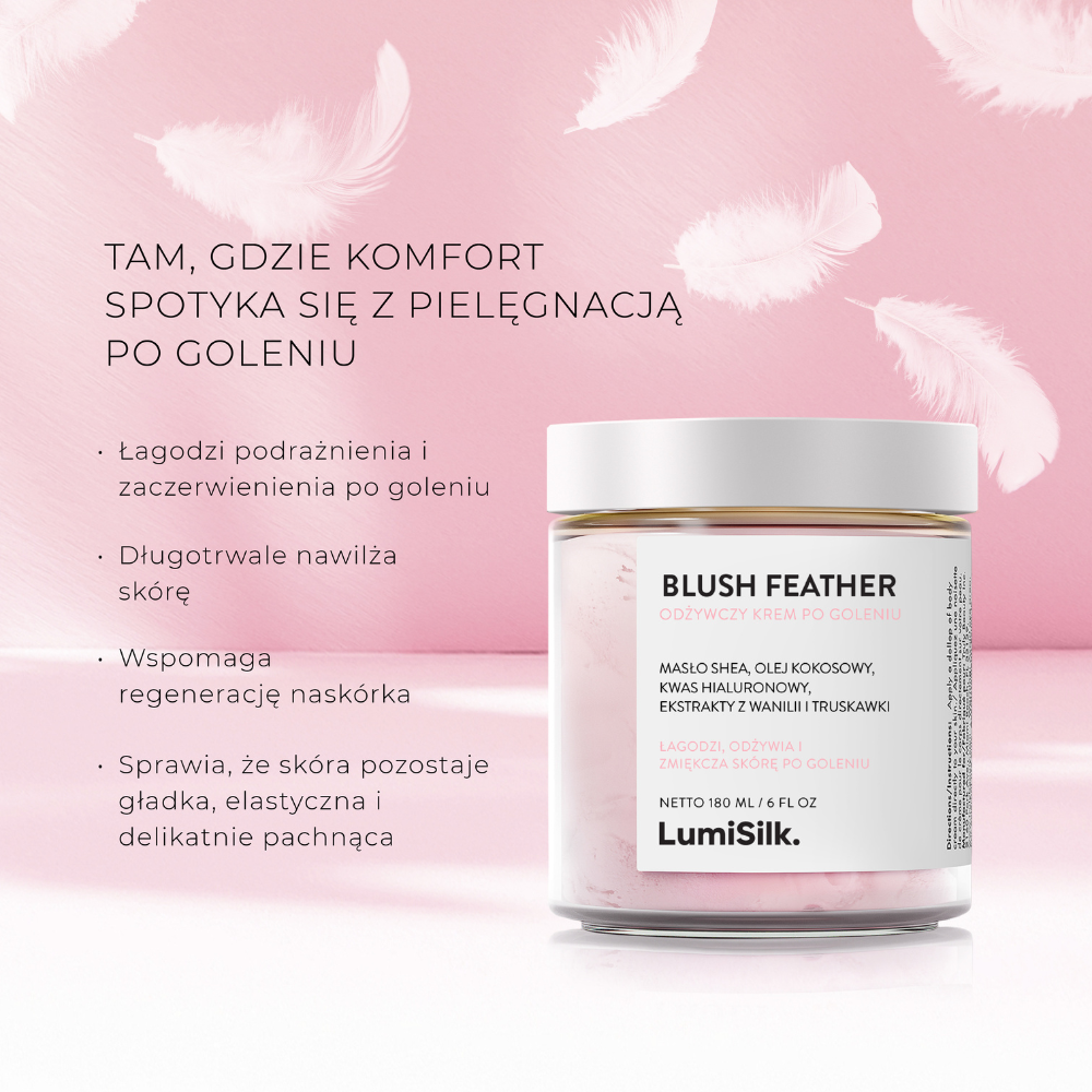 Blush Feather – krem po goleniu od LumiSilk, który łagodzi podrażnienia, intensywnie nawilża i wspomaga regenerację skóry.