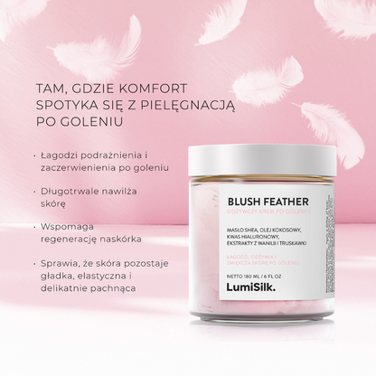 Blush Feather – krem po goleniu od LumiSilk, który łagodzi podrażnienia, intensywnie nawilża i wspomaga regenerację skóry.