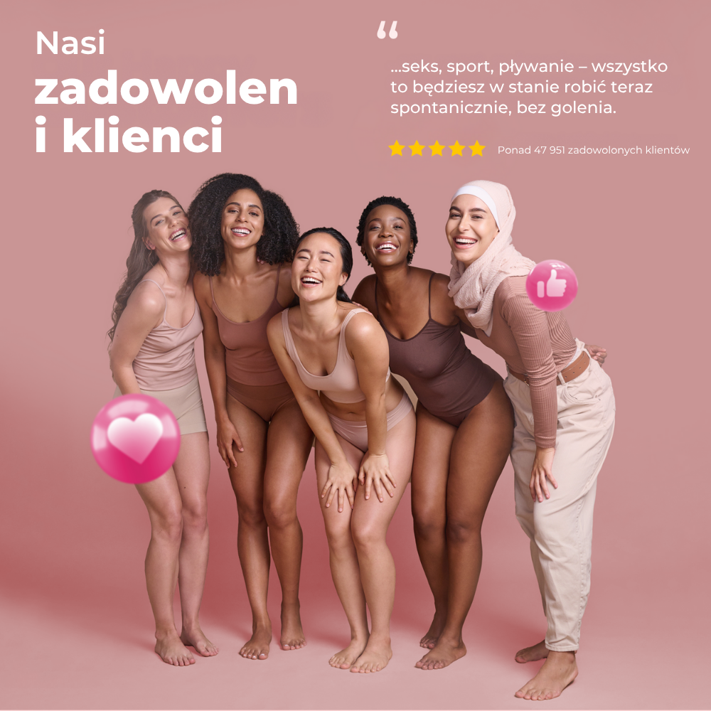 Zadowolone kobiety różnych typów urody dzielące się pozytywnymi opiniami o Lumina IPL