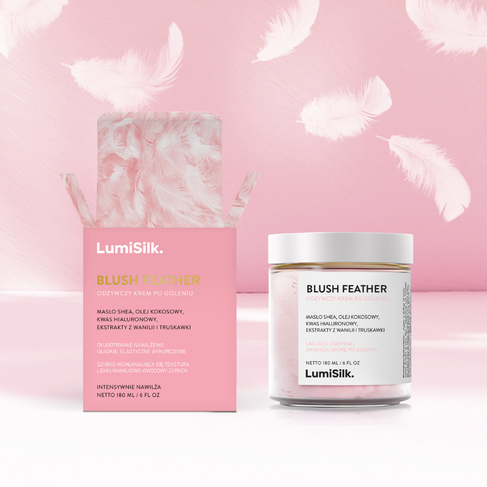 Krem po goleniu Blush Feather od LumiSilk w eleganckim opakowaniu – lekka formuła z naturalnymi ekstraktami i delikatnym zapachem.