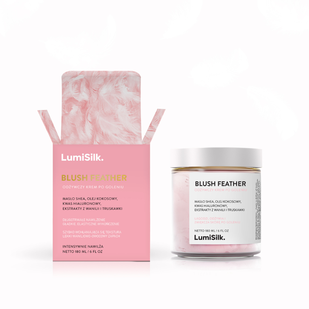 Blush Feather od LumiSilk – odżywczy krem po goleniu z masłem shea, olejem kokosowym, ekstraktem z wanilii i truskawki.