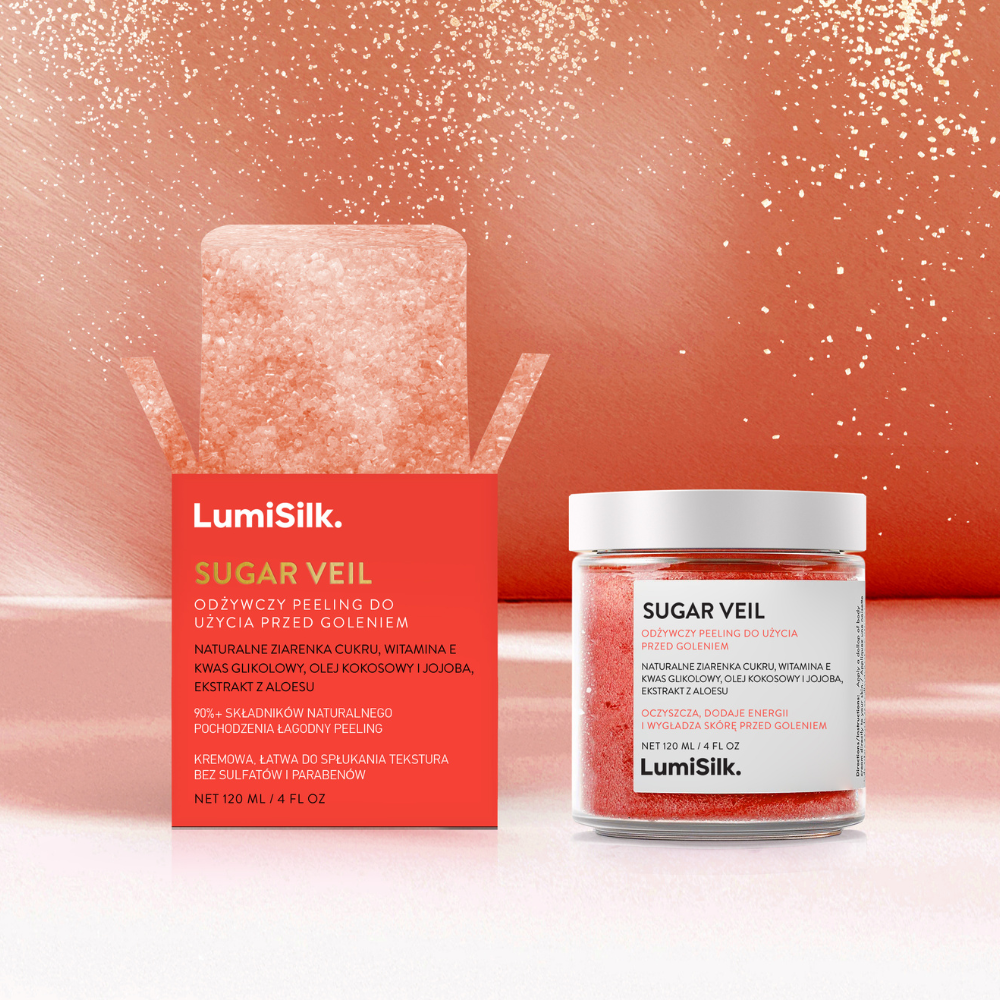 Peeling Sugar Veil LumiSilk w różowym opakowaniu – z naturalnymi drobinkami cukru i kremową formułą bez parabenów i siarczanów.