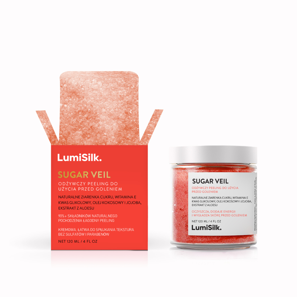 Veil od LumiSilk – odżywczy peeling cukrowy przed goleniem z witaminą E, aloesem, olejem kokosowym i jojoba.