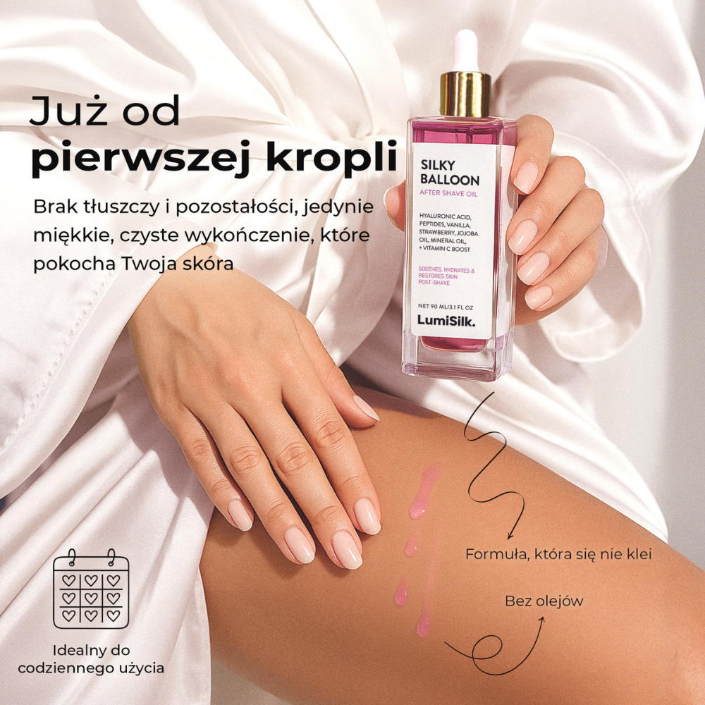 Kobieta nakładająca olejek po goleniu Silky Balloon marki Lumisilk na nogę, lekka formuła bez tłustej warstwy, idealna do codziennego użytku.