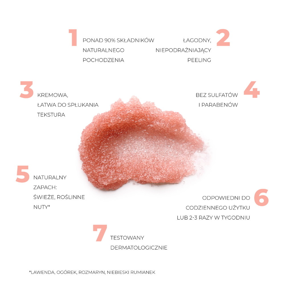 Delikatny peeling LumiSilk Sugar Veil – kremowa konsystencja, świeży zapach, ponad 90% składników naturalnego pochodzenia.