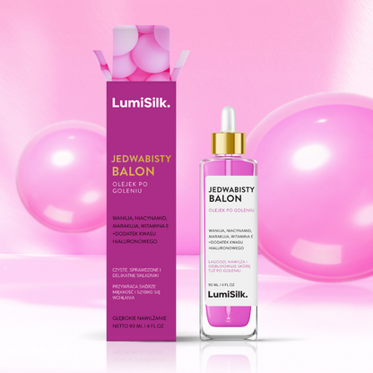 Silky Balloon – różowy olejek LumiSilk na bazie naturalnych składników, z lekką formułą i zapachem wanilii, dla gładkiej i miękkiej skóry.