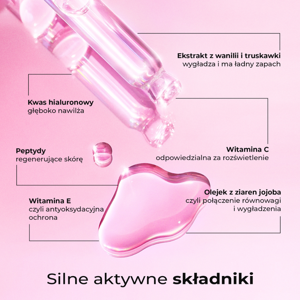 Składniki olejku po goleniu Silky Balloon marki Lumisilk: kwas hialuronowy, peptydy, olejek jojoba, witaminy C i E, ekstrakt z wanilii i truskawki.