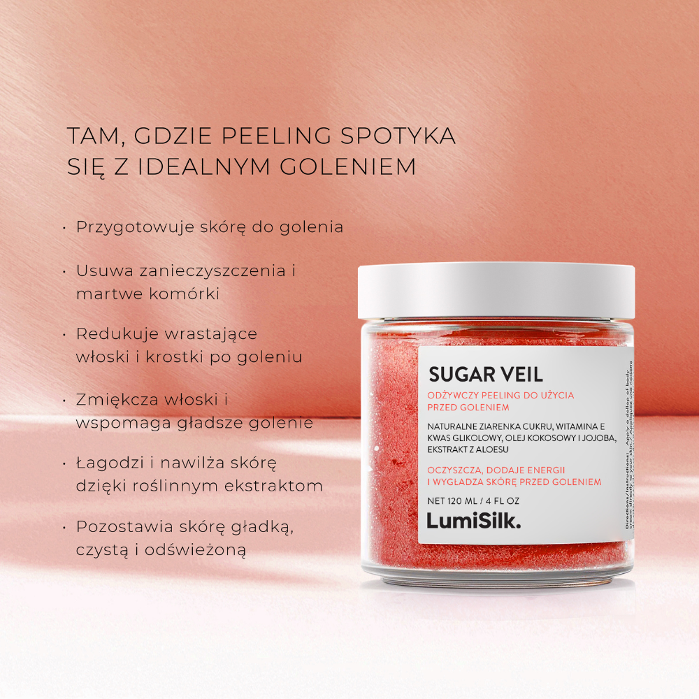 Sugar Veil – peeling przed goleniem, który oczyszcza, redukuje wrastające włoski i wygładza skórę dzięki ekstraktom roślinnym.